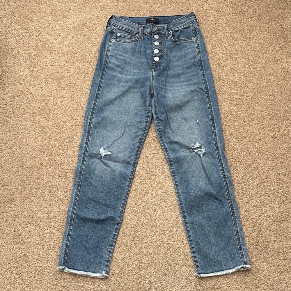 7 For All Mankind High Waist Cropped Straight Leg Distressed Jeans Size 25 - Picture 3 of 11